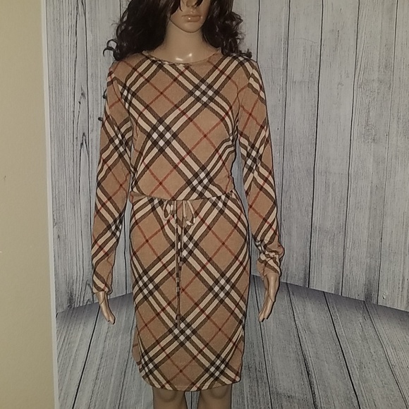 Plaid Designer Style Mocha Dress - Picture 6 of 7